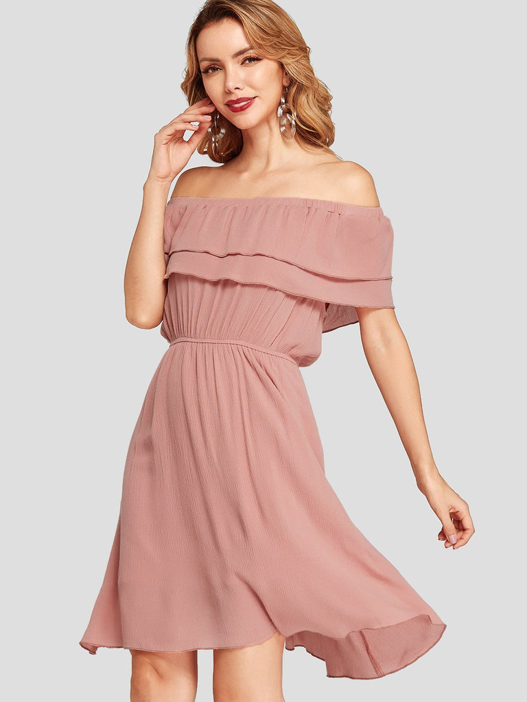 Pink Off The Shoulder Short Sleeve Plain Tiered Backless Dresses