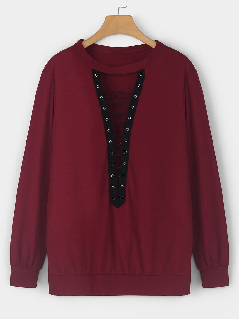 Crew Neck Deep V Neck Lace-Up Cut Out Long Sleeve T-Shirts