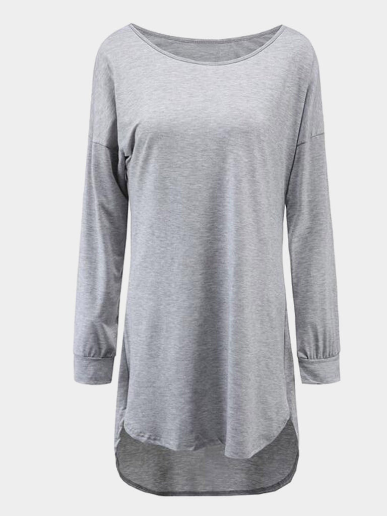 Grey Round Neck Long Sleeve Curved Hem Casual Dresses