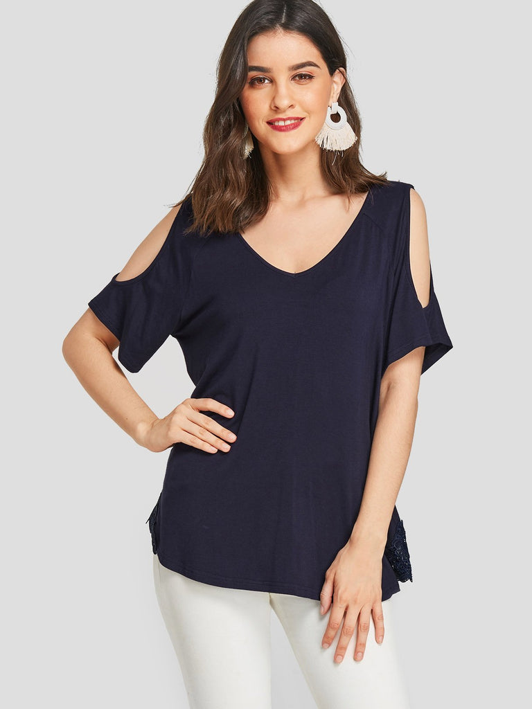 Cold Shoulder Plain Lace Half Sleeve Navy T-Shirts