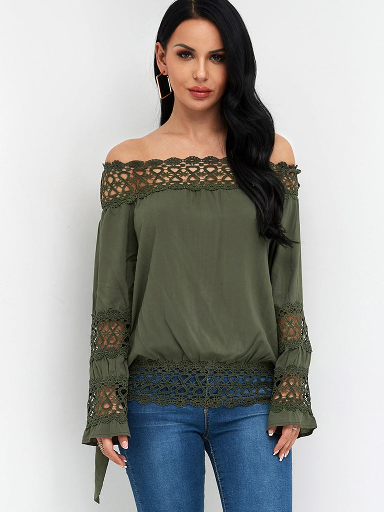 Off The Shoulder Plain Hollow Long Sleeve Stitching Hem Army Green Blouses