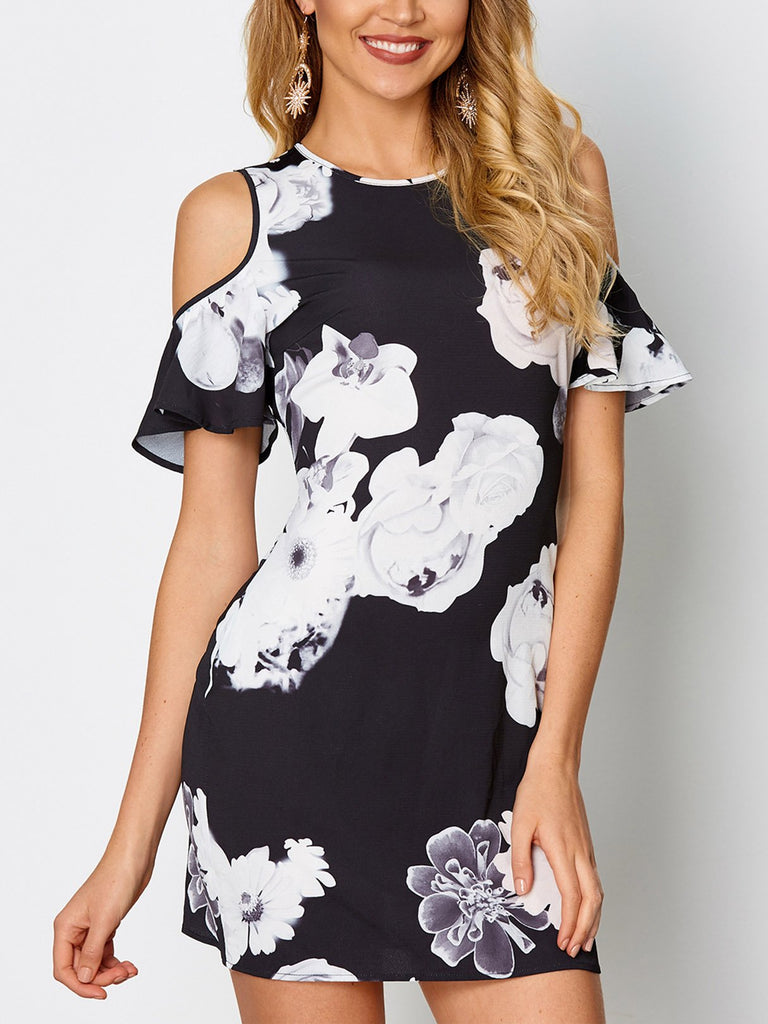 Black Cold Shoulder Short Sleeve Floral Print Dresses