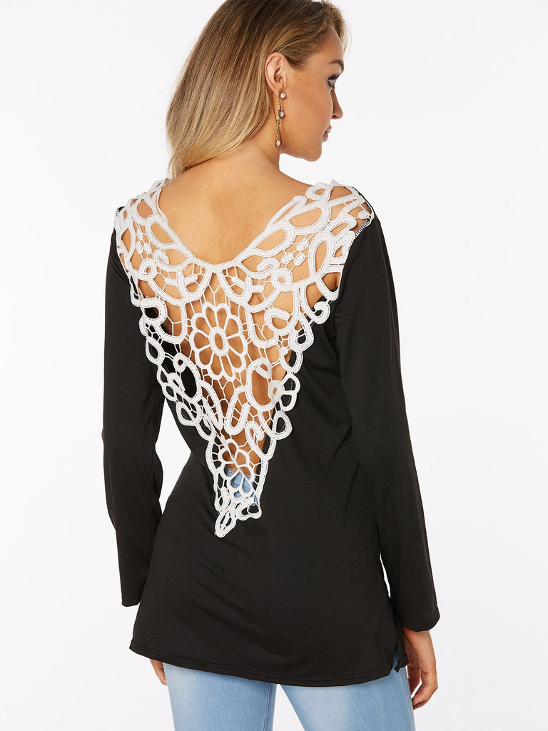 Crew Neck Grid Lace Hollow Slit Long Sleeve T-Shirts