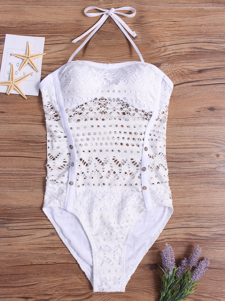 Halter Sleeveless Plain Lace See Through One-Pieces Swimwear