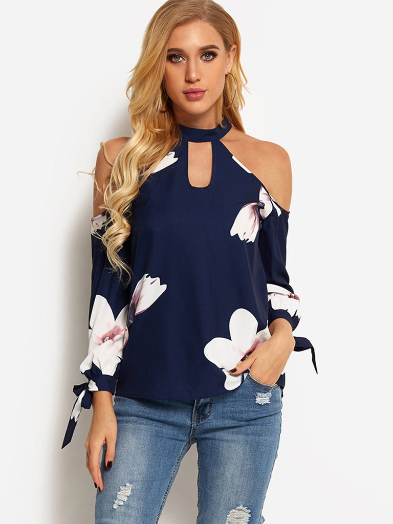 Navy Halter Cold Shoulder Long Sleeve Floral Print Hollow Self-Tie Blouses