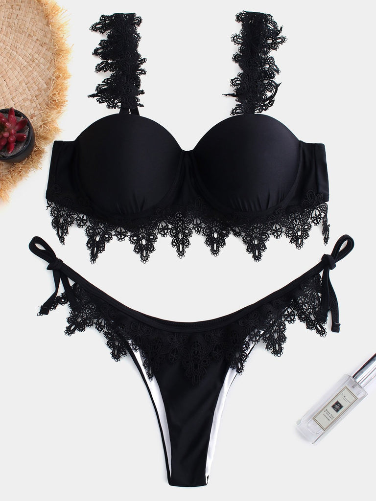 Plain Self-Tie Sleeveless Black Bikini Set