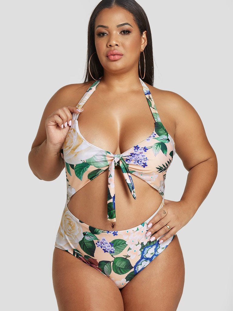 Halter Floral Print Backless Cut Out Self-Tie Sleeveless Plus Size Swimwear