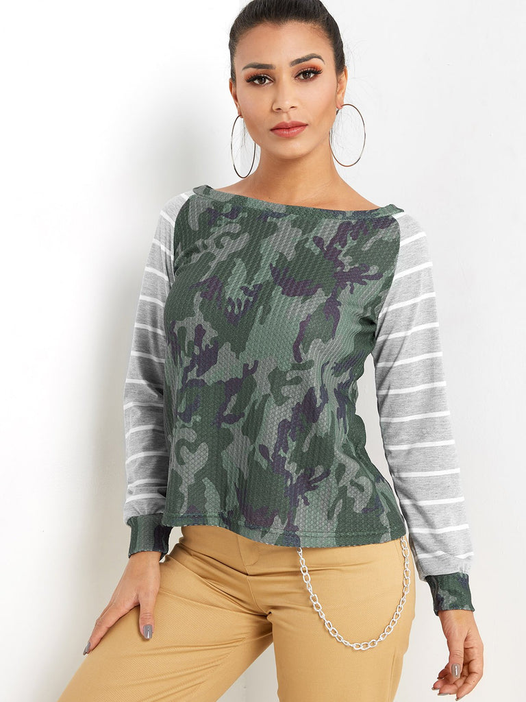 Round Neck One Shoulder Stripe Camouflage Long Sleeve Green T-Shirts