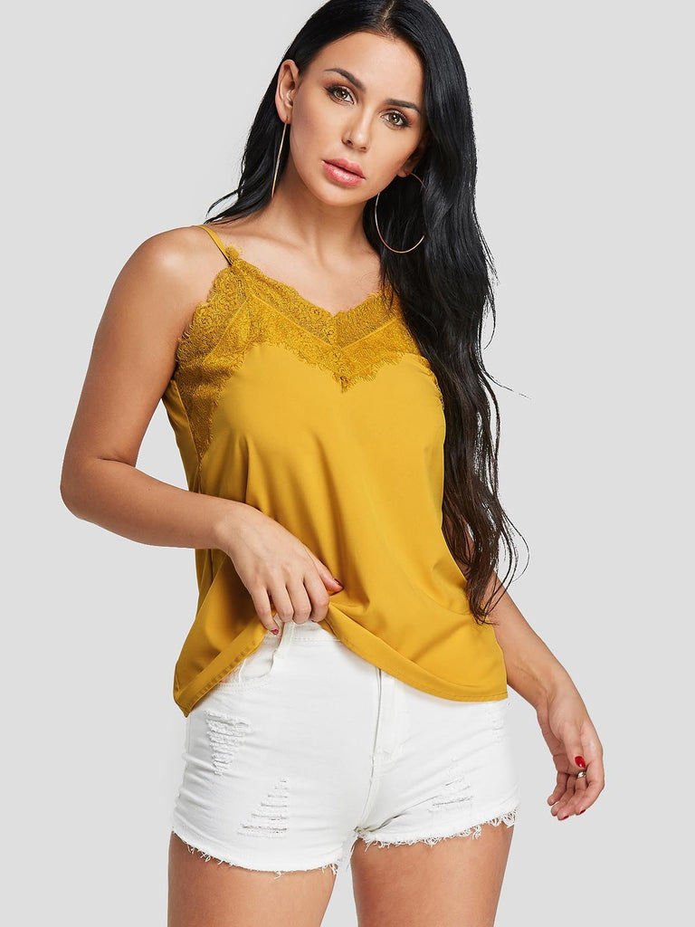 V-Neck Lace Sleeveless Yellow Camis