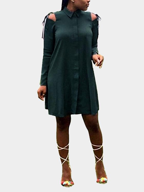 Green Classic Collar Cold Shoulder Long Sleeve Lace-Up Cut Out Shirt Dress