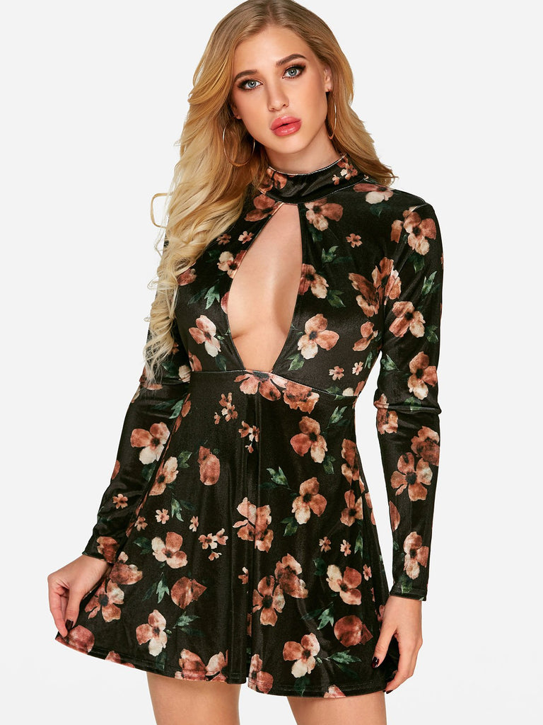 Black Long Sleeve Floral Print Zip Back Backless Cut Out Dress