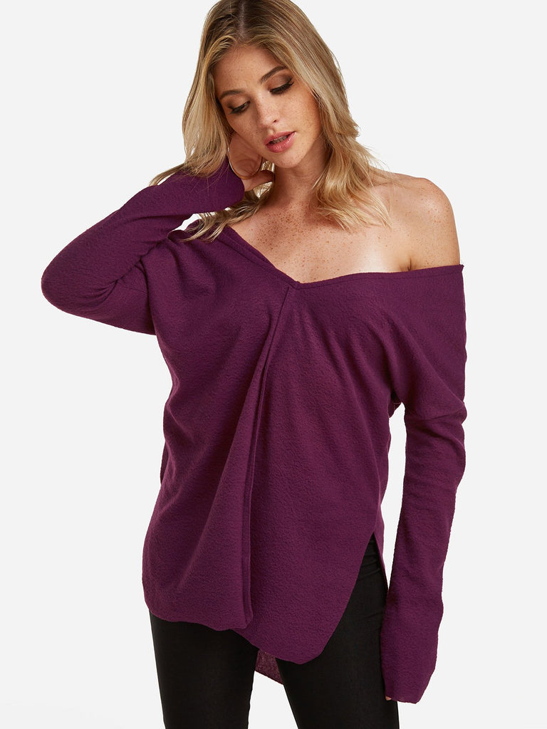 V-Neck One Shoulder Plain Slit Long Sleeve High-Low Hem Purple T-Shirts