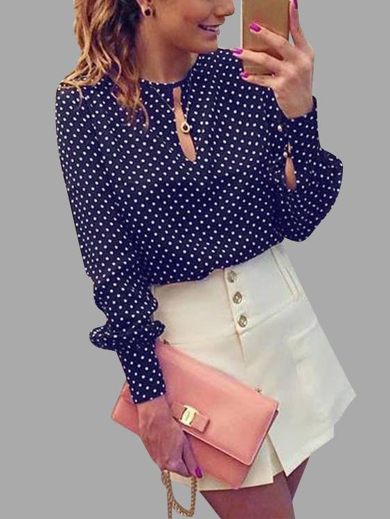 Round Neck Polka Dot Long Sleeve Dark Blue Blouses