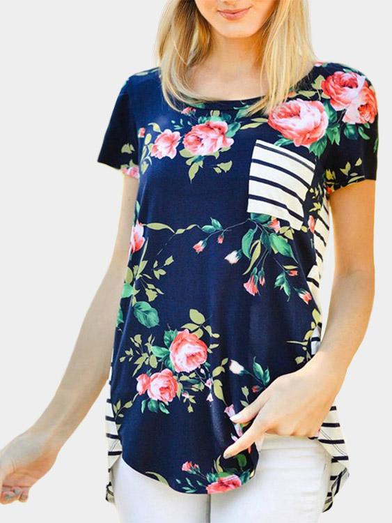 Round Neck Stripe Printed Short Sleeve Navy T-Shirts