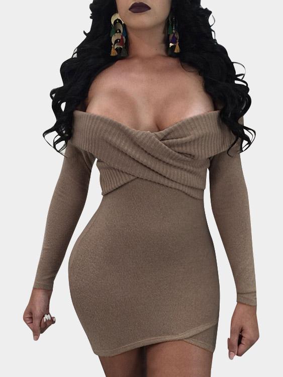 Off The Shoulder Long Sleeve Plain Crossed Front Backless Dresses