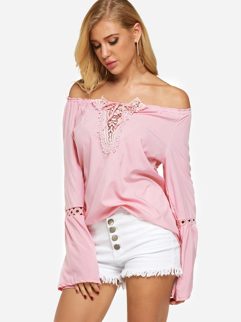 Off The Shoulder Plain Lace Backless Hollow Self-Tie Long Sleeve Blouses
