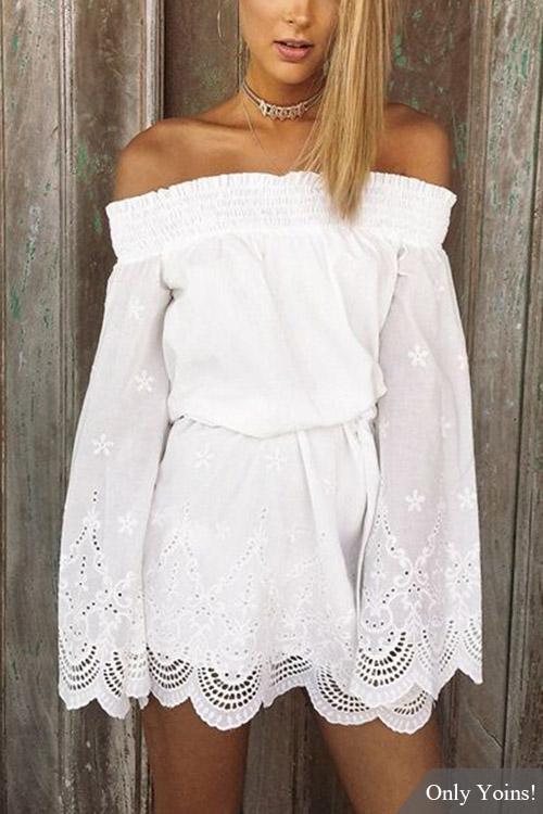 White Off The Shoulder Long Sleeve Lace Mini Dress