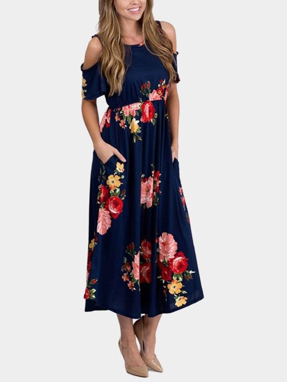 Navy Cold Shoulder Short Sleeve Floral Print Side Pockets Maxi Dress