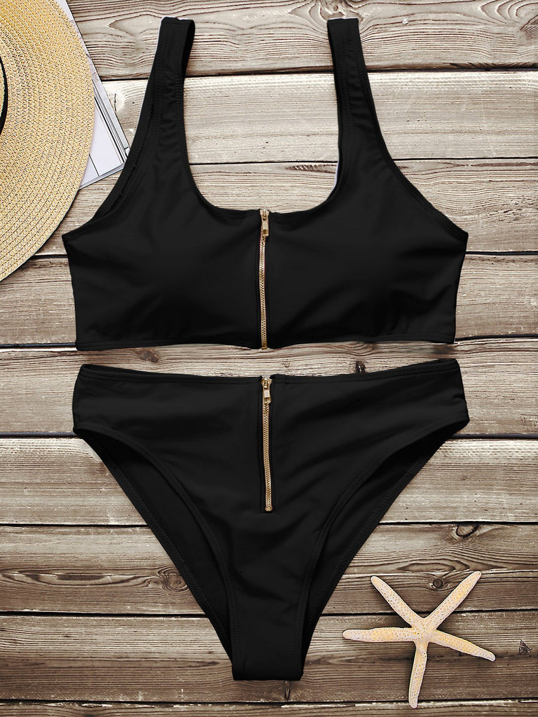 Black Scoop Neck Plain High-Waisted 2 Piece Bikinis
