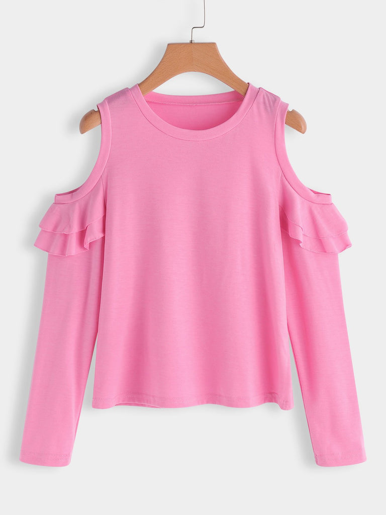 Round Neck Cold Shoulder Plain Long Sleeve Flounced Hem Pink T-Shirts