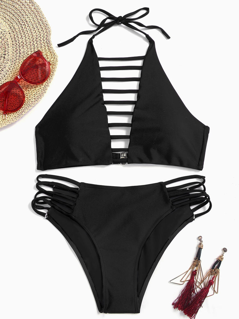V-Neck Plain Cut Out Two Piece Bikinis