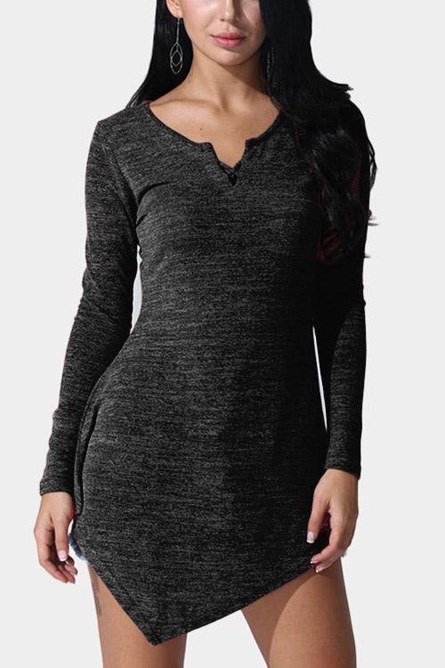 Black V-Neck Long Sleeve Fashion Mini Dress