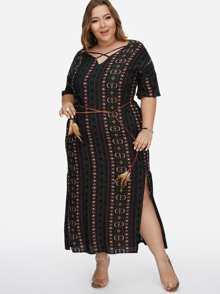 V-Neck Tribal Print Self-Tie Criss-Cross Half Sleeve Slit Hem Green Plus Size Dresses