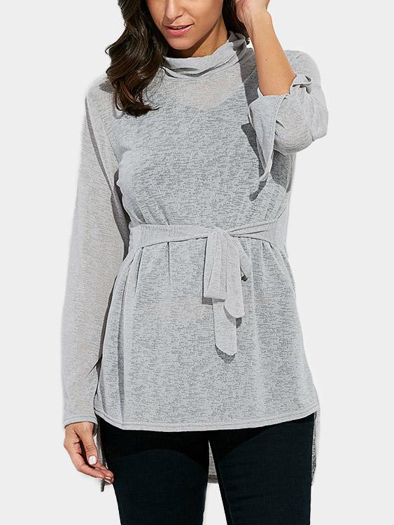 Roll Neck Plain Long Sleeve Grey T-Shirts