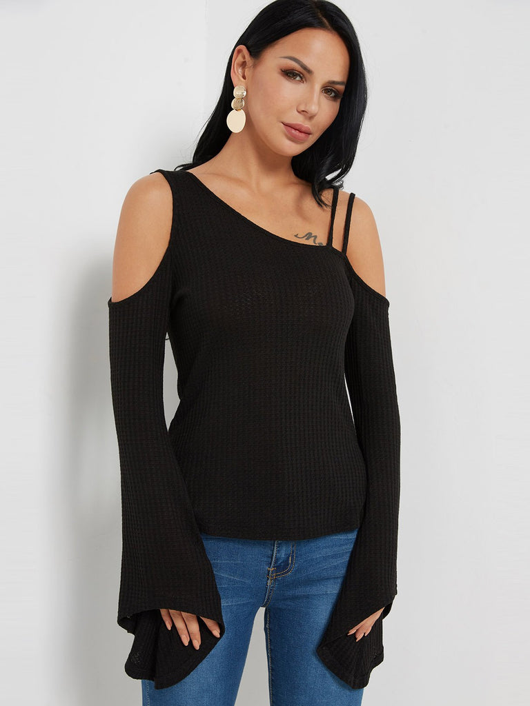 Cold Shoulder Plain Long Sleeve Black Fashion Tee