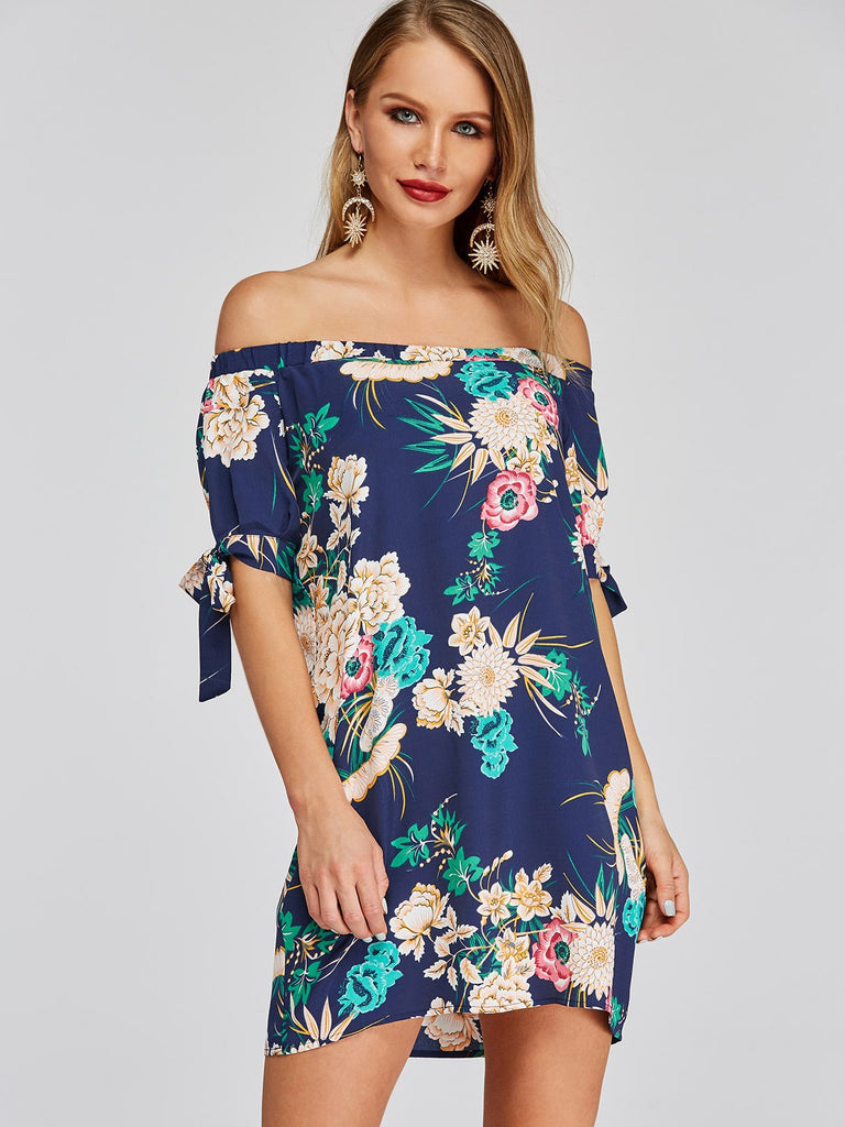 Off The Shoulder Half Sleeve Floral Print Dress