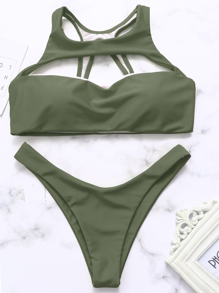 Green Round Neck Plain Two Piece Bikinis