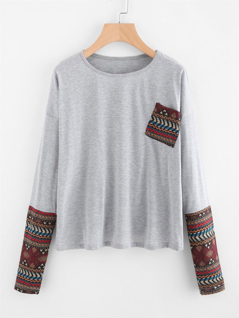 Round Neck Long Sleeve Grey Fashion T-Shirts