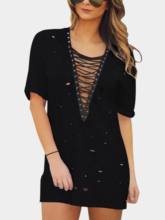 Black V-Neck Short Sleeve Hollow Lace-Up Dresses