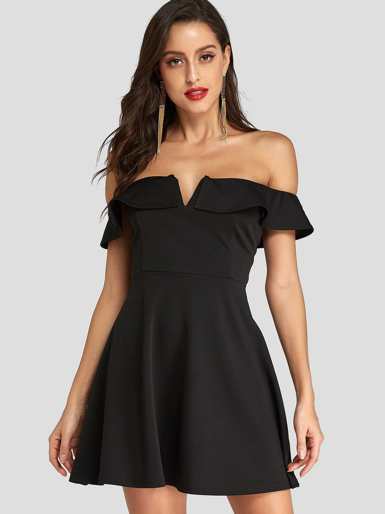 Black Off The Shoulder Short Sleeve Plain Zip Back Backless Mini Dresses