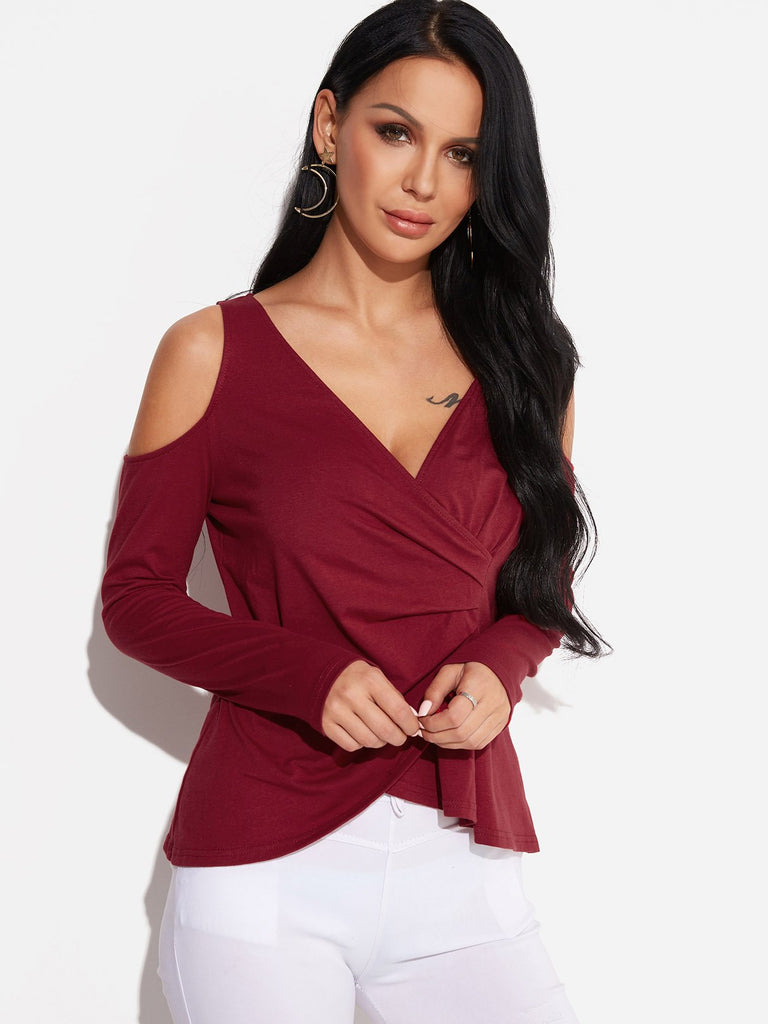 V-Neck Crossed Front Long Sleeve Irregular Hem Burgundy Blouses