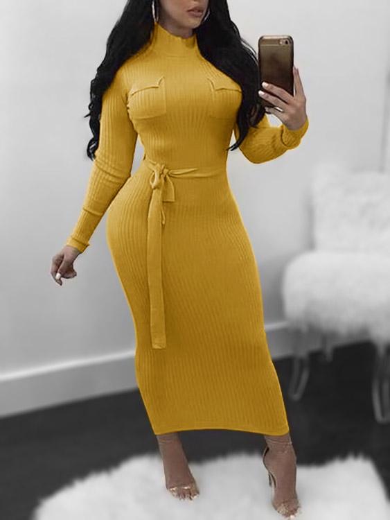 Yellow Perkins Collar Long Sleeve Plain Dresses