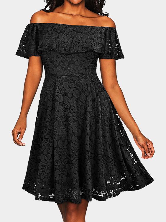 Off The Shoulder Lace Zip Back Short Sleeve Ruffle Hem Black Dress
