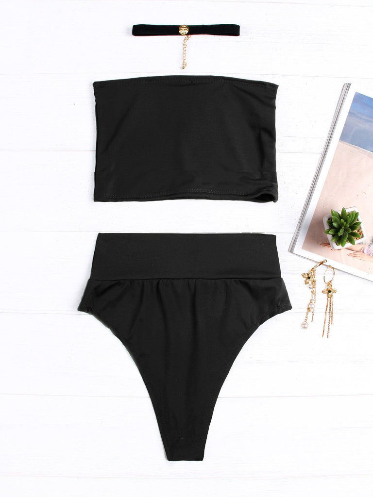 Strapless Sleeveless Plain Backless Wireless Bikinis