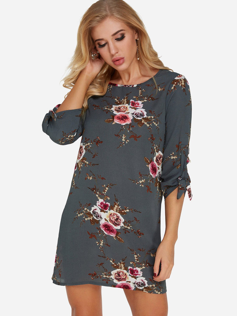 Grey Round Neck 3/4 Sleeve Length Floral Print Self-Tie Mini Dress