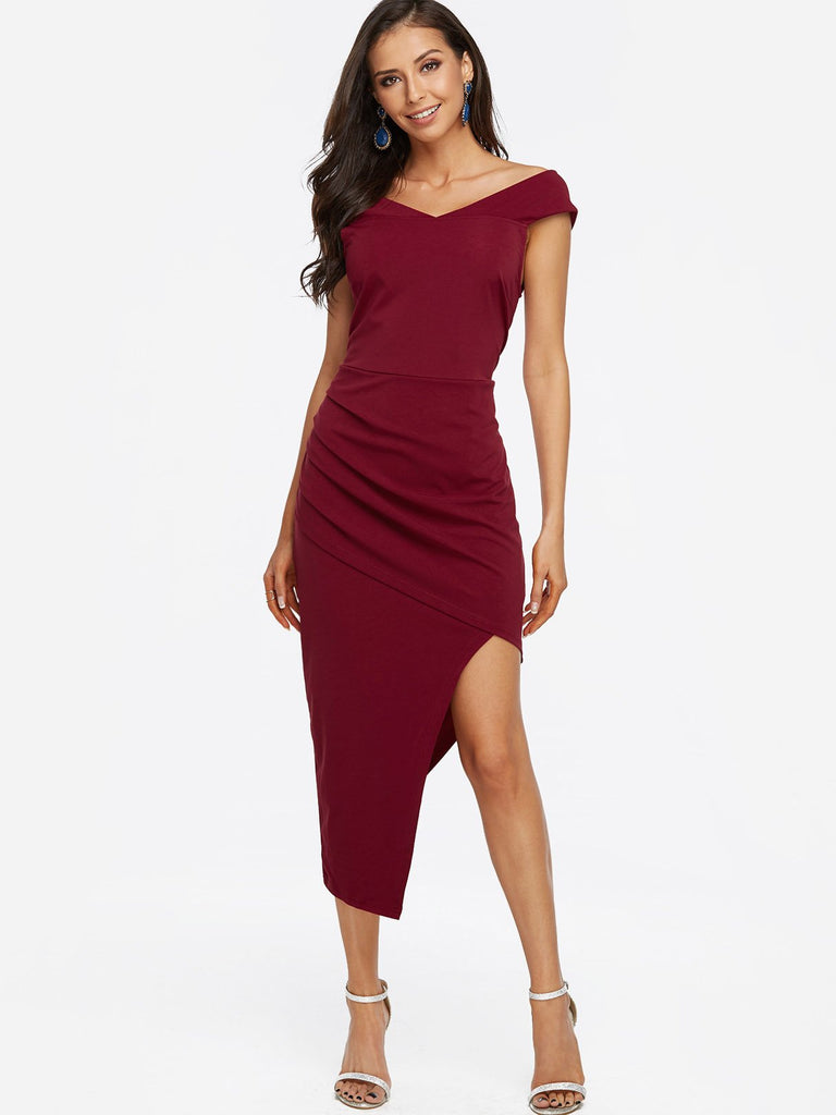 Burgundy Strapless Off The Shoulder Sleeveless Zip Back Irregular Hem Maxi Dresses