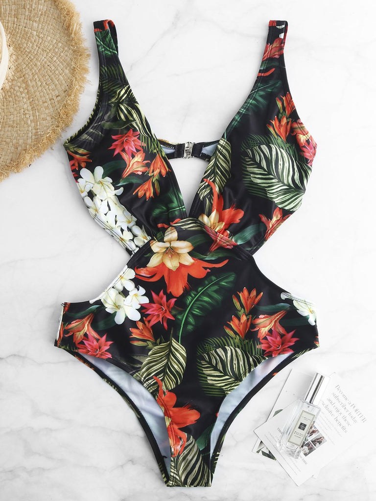 V-Neck Sleeveless Floral Print One-Pieces