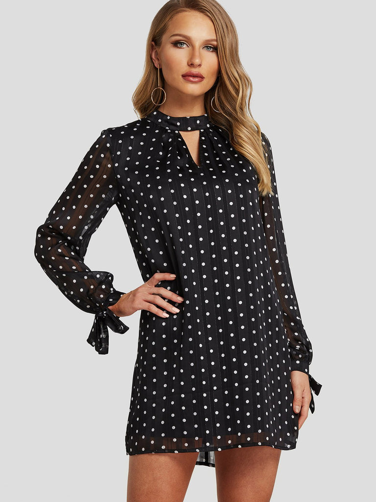 Black Long Sleeve Polka Dot Cut Out Casual Dresses