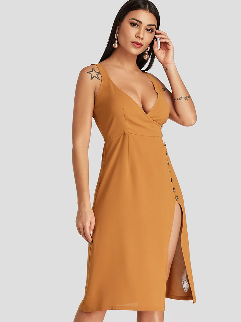 Ladies Yellow V-Neck Dresses