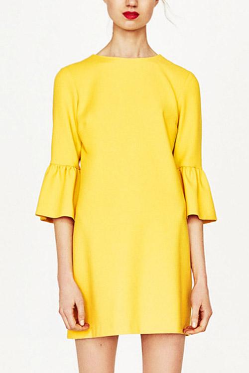 Yellow Crew Neck 3/4 Length Sleeve Plain Zip Back Mini Dress