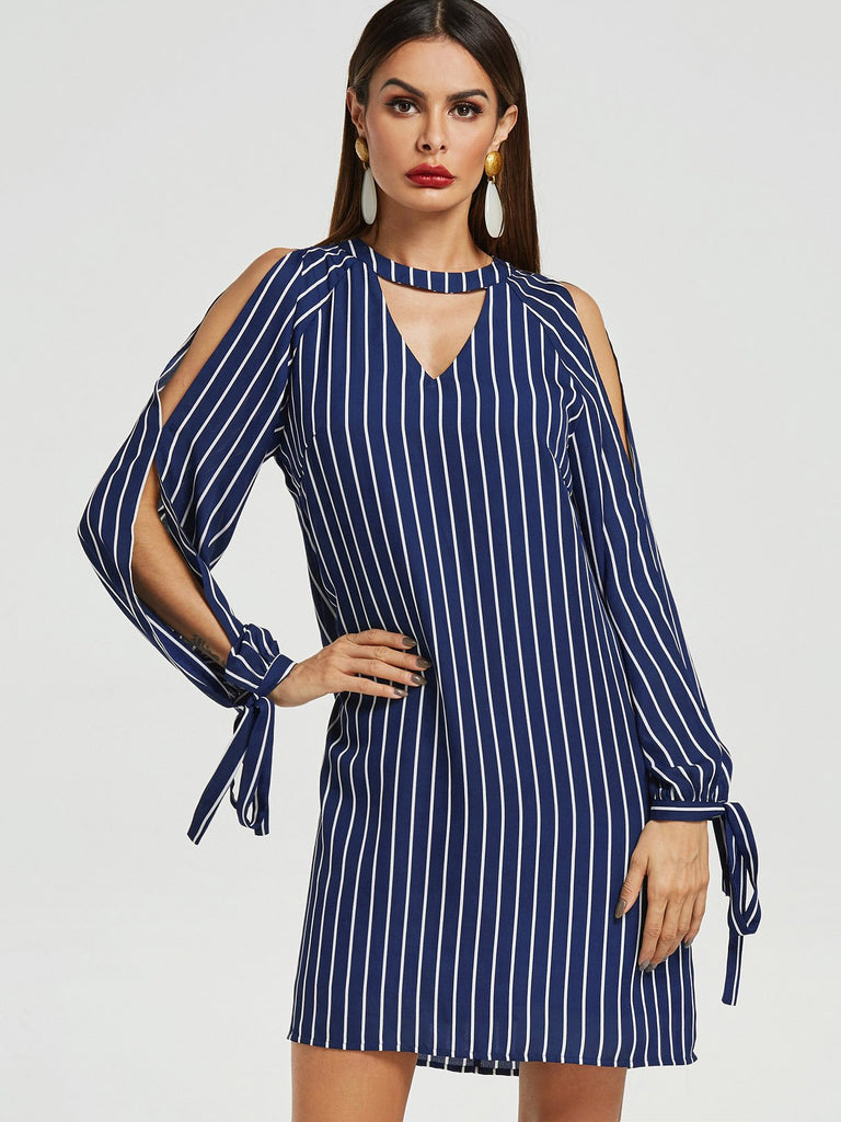 Navy Round Neck Long Sleeve Stripe Cut Out Self-Tie Mini Dress