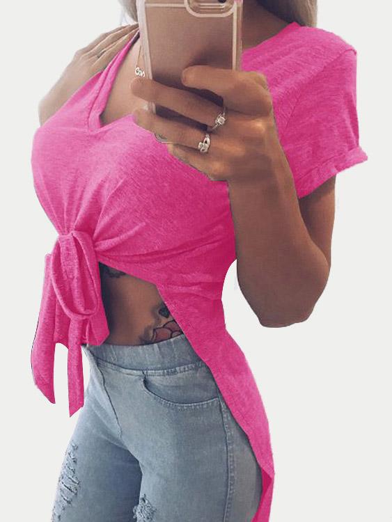 V-Neck Short Sleeve Slit Hem Rose T-Shirts