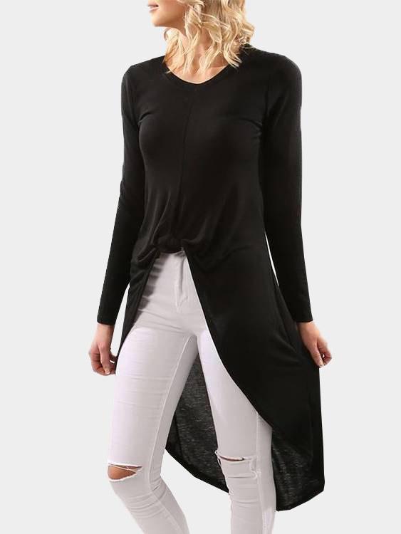 Round Neck Long Sleeve Irregular Hem Black Top