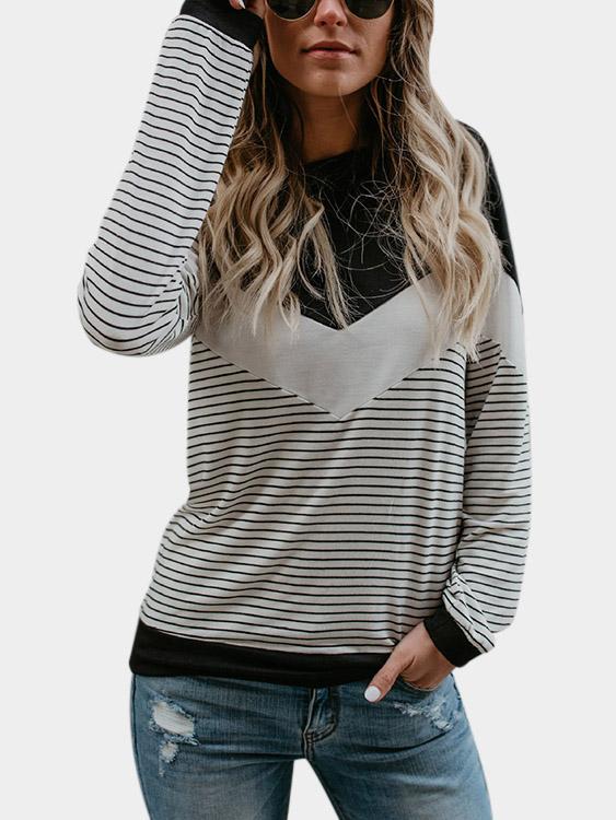Round Neck Stripe Long Sleeve Black T-Shirt