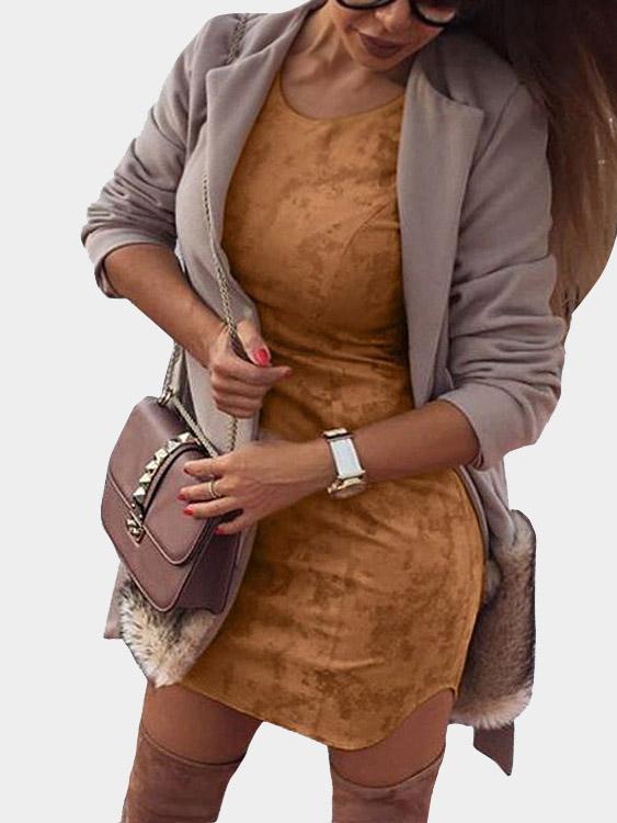 Khaki Round Neck Long Sleeve Plain Irregular Hem Mini Dresses