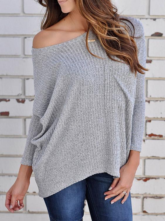 Round Neck One Shoulder Plain Long Sleeve T-Shirts